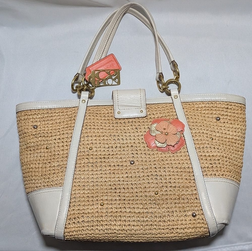 Coach Hampton Tote Peach Ivory White Straw Flower Handbag Large Metallic Basket - Picture 3 of 16